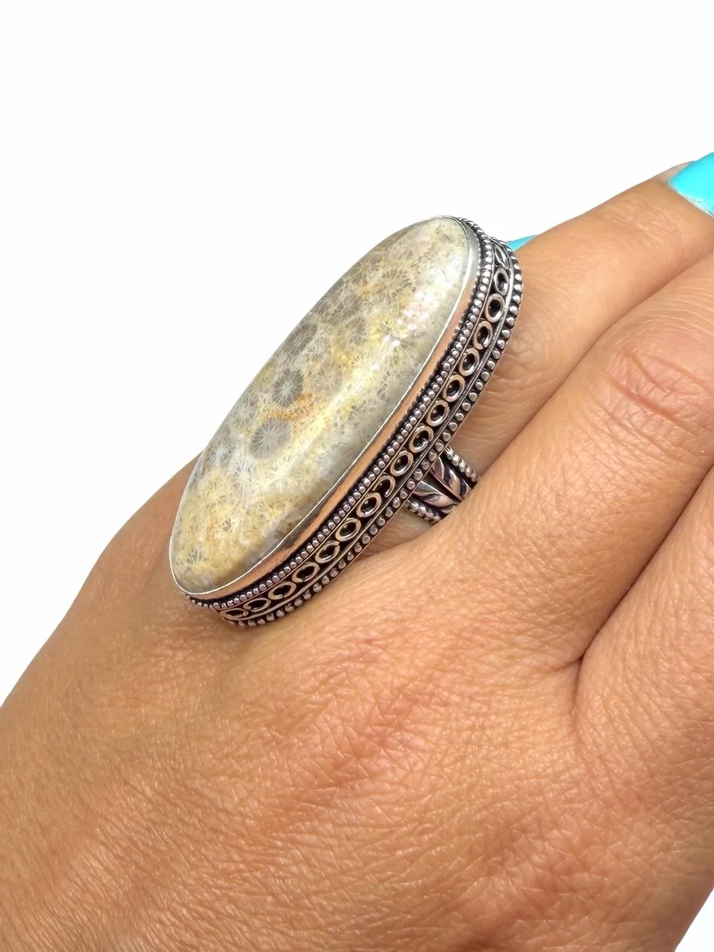 Fossil Coral Ring Size 7 925 Sterling Silver Overlay